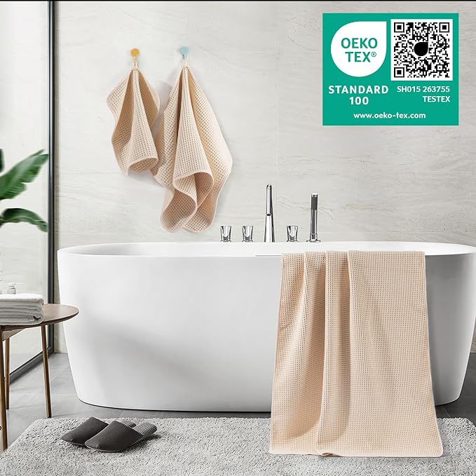POLYTE 430 GSM Microfiber Quick Dry Lint Free Oversize Bath Towel Set, 6 Piece (Waffle Weave) - Image 3