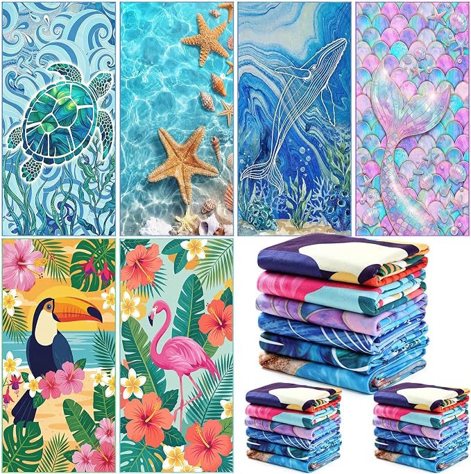 Remagr 12 Pcs Oversized Microfiber Beach Towels Bulk 60"x 28" Extra Large Quick Dry Absorbent Sand Free Towels for Adults, Pool, Travel, Swim, Yoga, Gym (Oceans and Animals) by Remagr