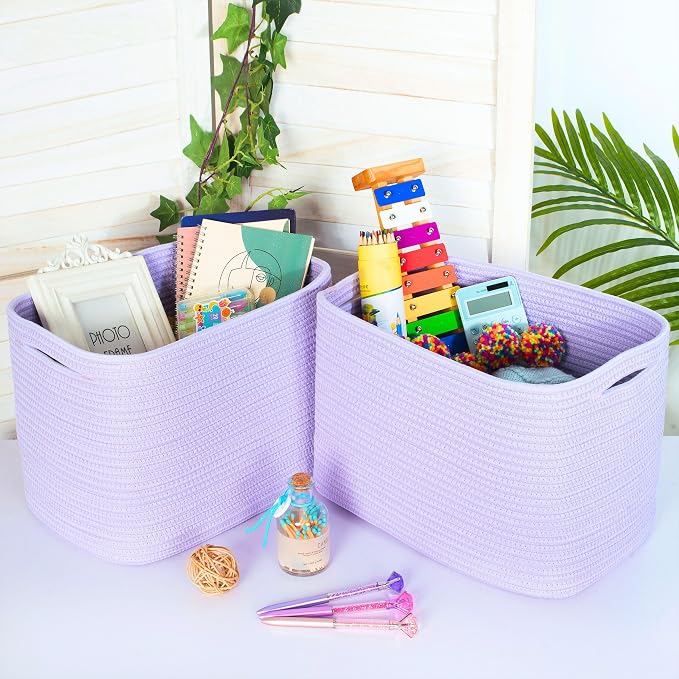 MINTWOOD Design 3-Pack Storage Baskets and Cube Bins for Shelves, Playroom and Classroom, Decorative Woven Closet Organizers for Books, Shoes, and Pantry Items, Lavender Purple - Image 3