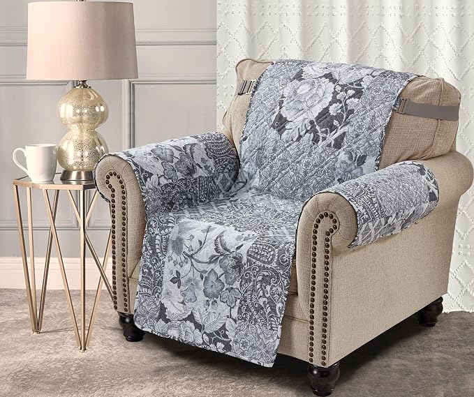 Brilliant Sunshine Multi Grey Flowers Couch Armchair Cover, 23" seat | Patchwork Design, Non Slip Sofa Cover, Quilted Furniture Protector, Washable Chair Slipcover for Pets, Dogs & Cats by BrilliantSunshine
