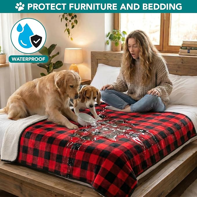 PETAMI Sherpa Fleece Waterproof CAT and Dog Blanket, Checkered RED, Queen - Image 2