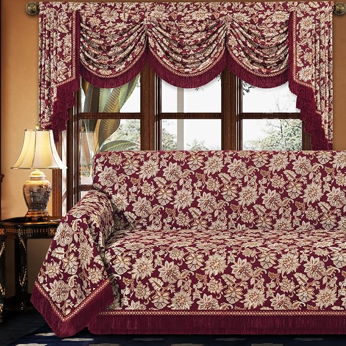 Loom and Mill Luxury Vintage Jacquard Sofa Couch Covers, Burgundy, 71"x118" | Elegant Damask Floral Sofa Throw Cover with Tassels for 2-3 Cushion Couch, Sectional Couch Cover Sofa Slipcover for Dogs Pets by LoomandMill