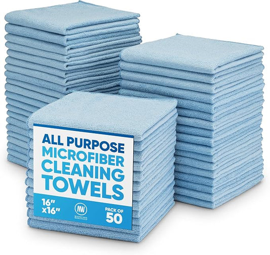 Microfiber Wholesale 16" x 16" All Purpose Towels - 50 Pack - Reusable Wash Cloths, Dust, Kitchen, Car, Shop Rags for Cleaning (Blue) by MicrofiberWholesale