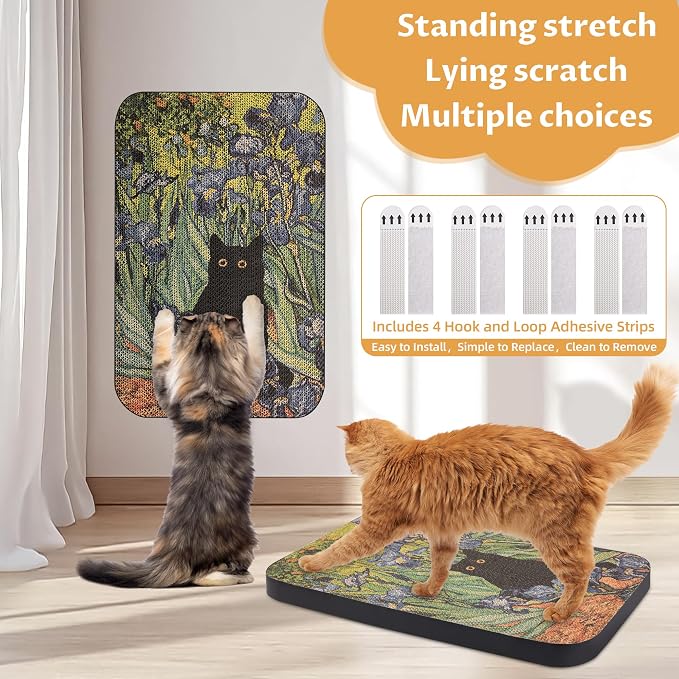Cat Wall Scratcher, Art Cat Scratching Board for Indoor Cats | Wall Mounted Cat Scratch Pad, Water-Based Ink, Hook&Loop Strips, Floor or Wall Use, 16.7x11x1 Inch, Irises - Image 3