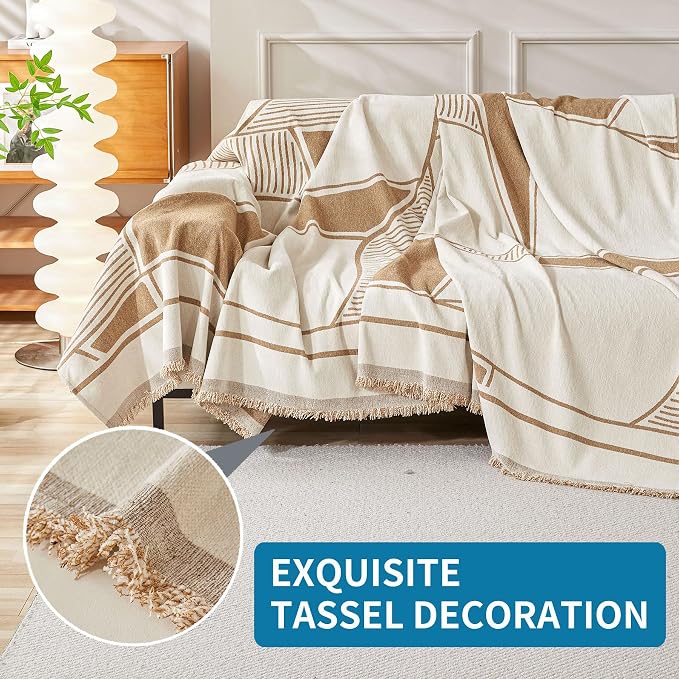 HAOMAIJIA Non Slip Couch Cover - Sofa Covers for 3 Cushion Sectional Couch - Washable Dog & Pet Furniture Protector - Living Room Blanket (Brown-Cream, 71"x134") - Image 6