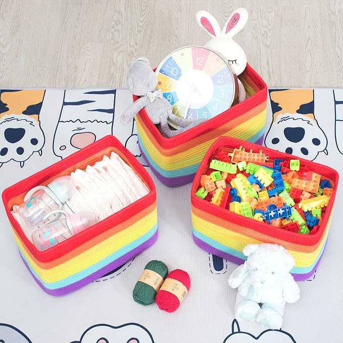 MINTWOOD Design 3-Pack Storage Baskets for Shelves, Playroom and Classroom, Book Basket, Decorative Storage Cube Bins, Woven Closet Organizers, Pantry and Shoe Organizer, Rainbow - Image 5