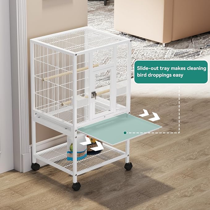 YITAHOME 41 inches Metal Bird Cage for Parakeets: Large Parrot Cages with Tray, Food Boxes, and Wooden Perches with Rolling Stand & Brakes for Lovebirds Cockatiels Pigeon Finches, White - Image 3