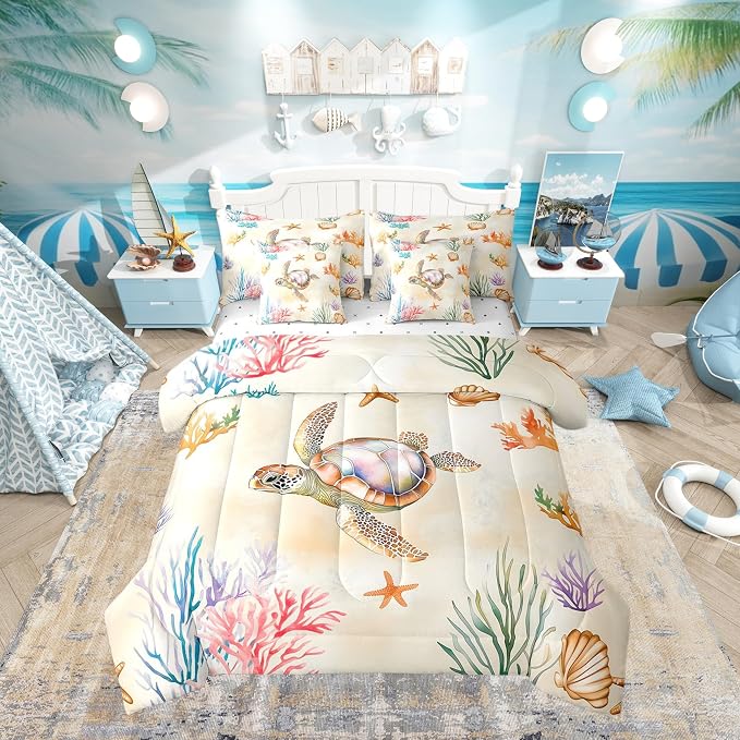 Erosebridal Kids Turtle Comforter Set with Sheets Twin Size, Reptile Tortoise Bed in A Bag, Underwater World Sea Animal 7 Pieces Bedding Set, Lovely Starfish Bedding Comforter Sets by Erosebridal