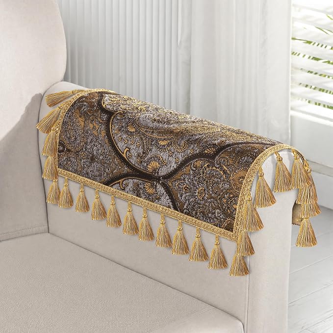 Loom and Mill Luxury Jacquard Sofa Arm Covers 2 PCS, Bronze Gold, 14x14in | Classic Antique Couch Armrest Cover with Tassels, Non-Slip Furniture Protector for Chair Sofa Recliners Couch Dogs Pets - Image 7
