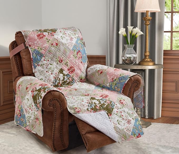 Brilliant Sunshine Peach and Olive Flowers Couch Recliner Cover, 26" seat | Patchwork Design, Non Slip Sofa Cover, Quilted Furniture Protector, Washable Reclining Chair Slipcover for Pets, Dogs & Cats by BrilliantSunshine