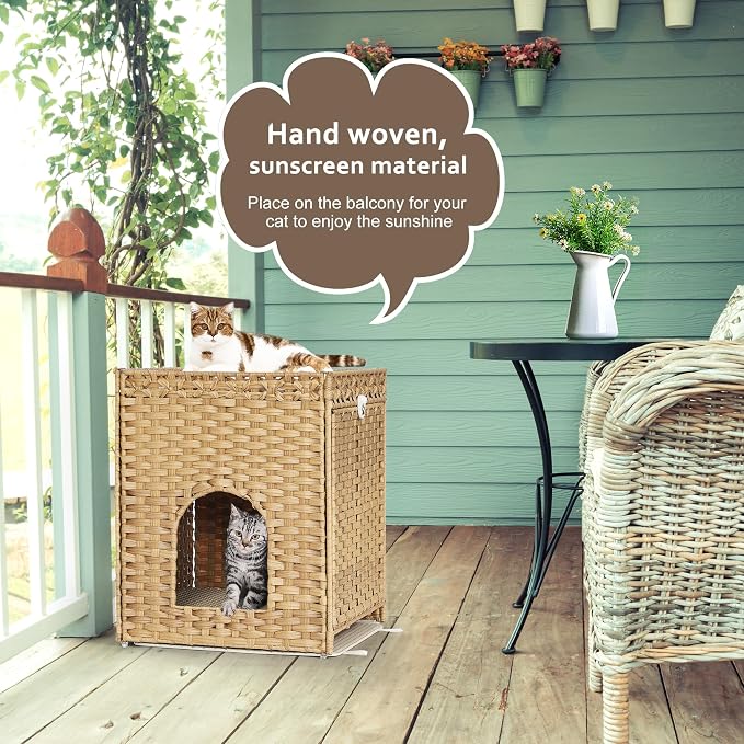 Cat Litter Box Enclosure with Door, Hidden Cat Washroom Furniture | Handwoven PP Wicker; Soft Litter Mat Included; Spacious Interior; Furniture-Style Design; Indoor Home Décor - Image 2