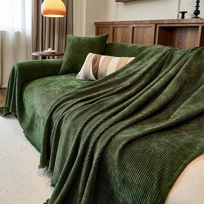 Green Boho Couch Covers for Sofa Washable for 3 Cushion Couch,71''X134'' | Chenille Furniture Protector Sofa Couch Cover for Dogs, Soft Breathable Sofa Slipcover, Couch Throw Blankets with Tassels - Image 8