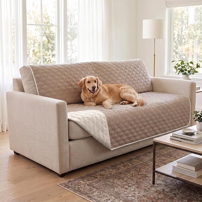 Waterproof Couch Cover - Washable Dog & Pet Furniture Protector | TPU Leak-Proof Liner, Microfiber Fabric, Lightweight & Reversible, Fits Sofa and Bed, 68" x 82" , Cream/Khaki by Bigbeer