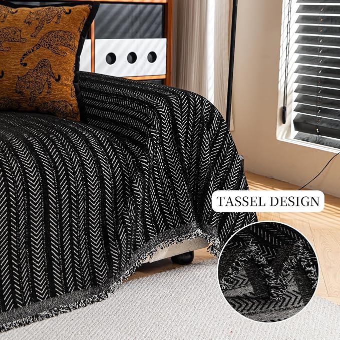Sofa Covers for 2 Cushion Couch Sofa, Loveseat Non Slip Couch Cover Chenille Strip Couch Throw Blankets with Tassels, Sectional Sofa Slipcovers Furniture Protector for Pets, Kids 71"x118", Black - Image 3