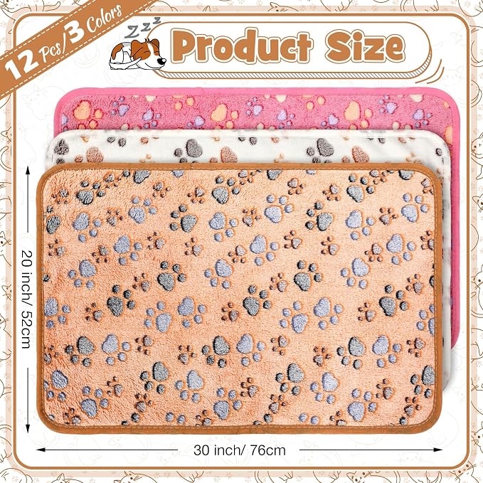Tegeme 12 Pcs Pet Blankets 30 x 20 Inch Soft Fluffy Fleece Dog Cat Warm Paw Print Pattern Blankets Flannel Throw for Pets Dog Puppy Cat(Pink,Beige,Camel) - Image 2