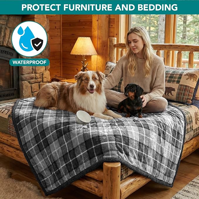 PetAmi Waterproof Dog Blanket for Couch, Extra Large 80x60, Pee Proof Sherpa Fleece Reversible Pet Throw, Furniture Protector for Bed Sofa Crate Kennel, Soft Washable Cover for Dogs Cats, Plaid Grey - Image 2
