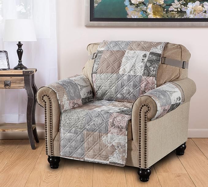 Brilliant Sunshine Latte Grey Paris & Toile Couch Armchair Cover, 23" seat | Patchwork Design, Non Slip Sofa Cover, Quilted Furniture Protector, Washable Chair Slipcover for Pets, Dogs & Cats - Image 3