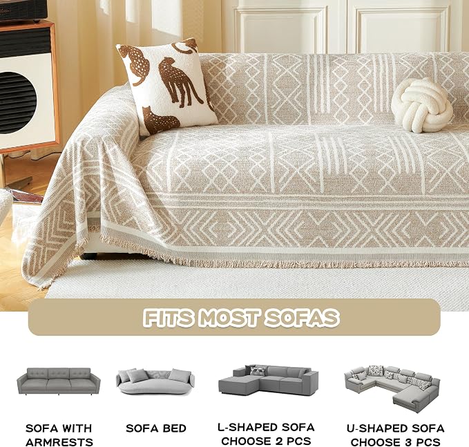 MEETSKY Boho Couch Cover Sofa Covers, Chenille Geometric Khaki Couch Covers for 2 Cushion Couch Sofa for Dogs, Washable Slipcover for Cat Sofa Protector with Tassels,71" x 118" - Image 7