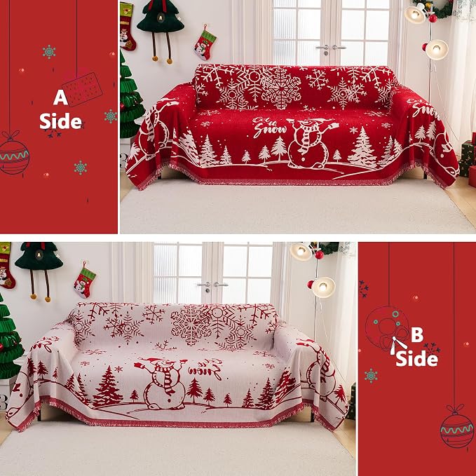 MEETSKY Christmas Sofa Cover Couch Covers for 2 Cushion Couch Sofa, Washable Couch Cover Blanket with Tassel for Living Room Sectional Sofa Slipcovers for Dogs Large Couch Protector, 71" x 118", Red - Image 3