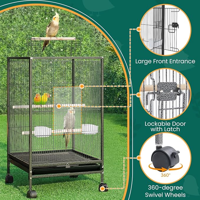 Yaheetech 35 inch Wrought Iron Bird Cage w/Play Open Top and Rolling Stand for Small Birds Like Parrots Conure Lovebird Cockatiel Lovebirds Budgies - Image 6