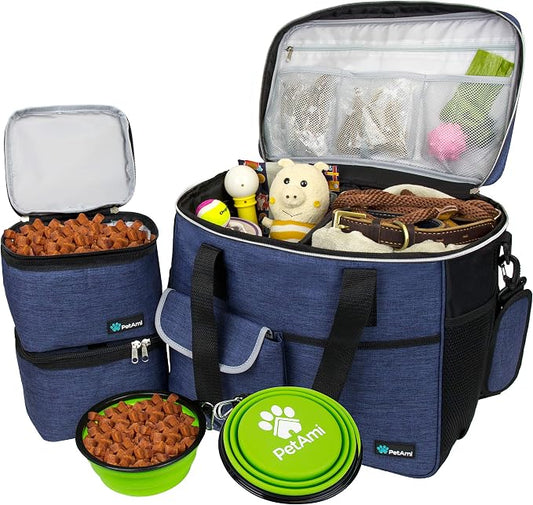 PetAmi Dog Travel Bag Organizer, Pet Travel Kit with 2 Food Containers & 2 Collapsible Dog Bowls, Pet Supplies Tote with Luggage Sleeve, Weekend Road Trip Camping Essentials, Navy Blue, Large by PetAmi
