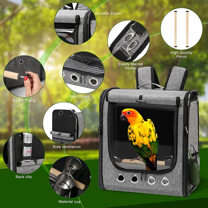 Large Bird Carrier Bag with Stand, Lightweight Backpack for Parrot, Portable Cockatiel Travel Cage with Accessories, Pet Transparent Breathable Carrier, Gray - Image 5