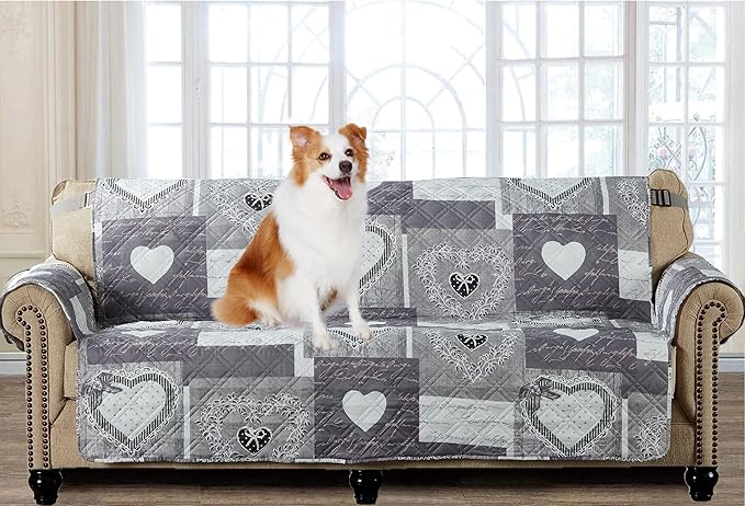 Brilliant Sunshine Grey Heartlove Patchwork Couch Cover, 70" seat | Non Slip Sofa Cover, Quilted Furniture Protector, Large Washable Slipcover for Pets, Dogs & Cats by BrilliantSunshine