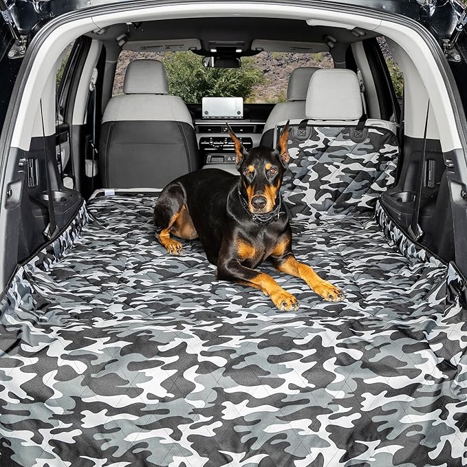 4Knines Split Cargo Liner for SUV – for Dogs & Pets, Heavy-Duty, Waterproof Trunk Mat & Cargo Cover – Fits 60/40 Split Bench & Armrest Pass-Through – Machine Washable, Non-Slip, Durable (Small, Camo) by 4Knines