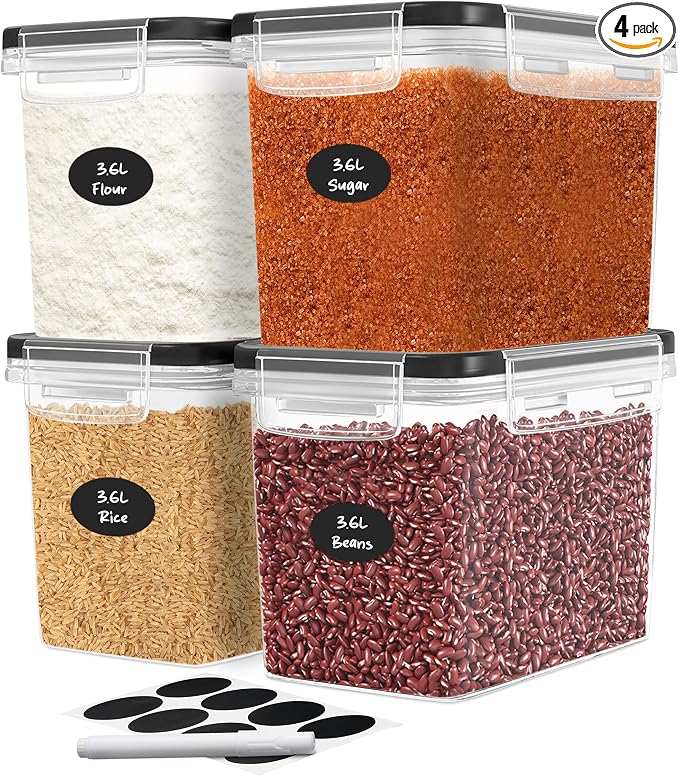 DWËLLZA KITCHEN Flour Sugar Storage Containers Set of 4; 3.6L Plastic Airtight Food Storage Containers with Lids for Kitchen Pantry Organization and Storage - Dry Food Containers, Labels & Marker by DW%C3%8BLLZAKITCHEN