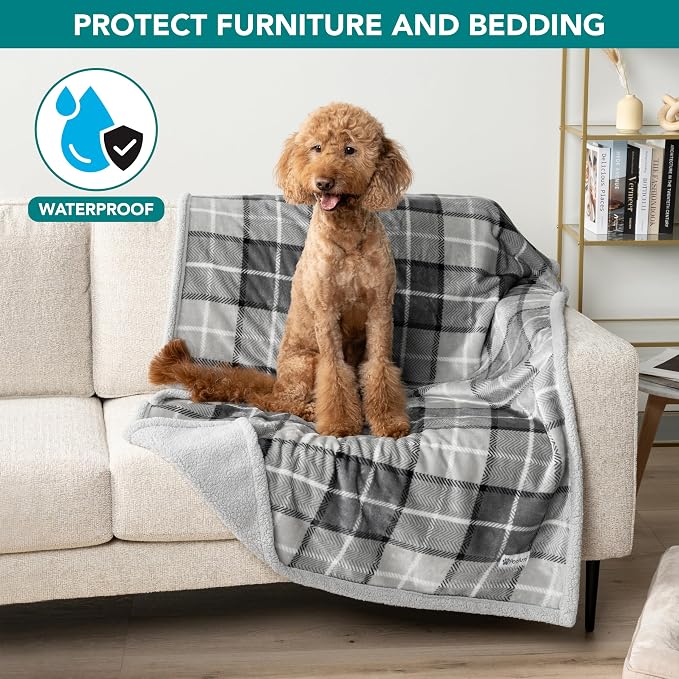 PetAmi Waterproof Dog Blanket for Couch, Large 60x40, Pee Proof Sherpa Fleece Reversible Pet Throw, Furniture Protector for Bed Sofa Kennel, Soft Washable Cover for Medium Dogs Cats, Plaid Light Grey - Image 3