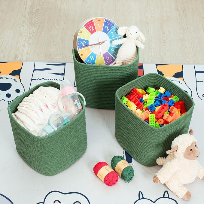 MINTWOOD Design 3-Pack 11x11 Inch Cube Storage Bin, Woven Storage Cube Organizer, Closet Organizer, Cute Square Storage Bins, Decorative Classroom Bathroom Pantry and Shelf Baskets, Green - Image 5