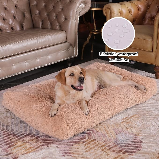 Bedfolks Waterproof Crate Bed, Plush Dog Kennel Pad with Removable Washable Cover, Faux Fur, Fluffy, 41"x27", Solid Camel - Image 2