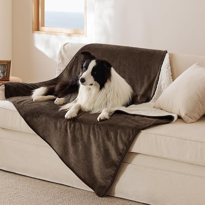Bedsure Waterproof Dog Blankets for Large Dogs Sherpa Fleece Throw, 50X60 | Washable Soft Plush Pet Cat Blanket for Couch Cover, Reversible Cozy Calming Furniture Protector Warm for Senior Dogs,Brown by Unknown