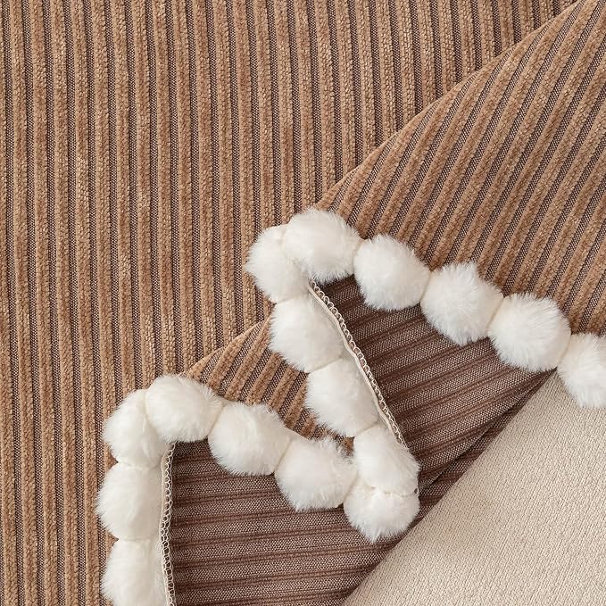 VClife Boho Couch Cover, Thickened Furniture Protector, Khaki, 71"X150" | Heavy-duty Pet Resistant Thick Chenille Fabric, Modern Striped Pattern, Fluffy Pom-pom Trim, Kids & Pets Household Friendly - Image 9
