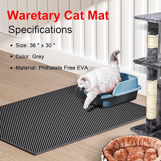 Waretary Large Cat Litter Mat, 36"x30" Waterproof Scatter Control Black | Double Layer Litter Recycling, Easy to Clean, Non-Slip, Durable, Paw-Friendly, Safe & Odorless, Fits Large Litter Boxes - Image 2