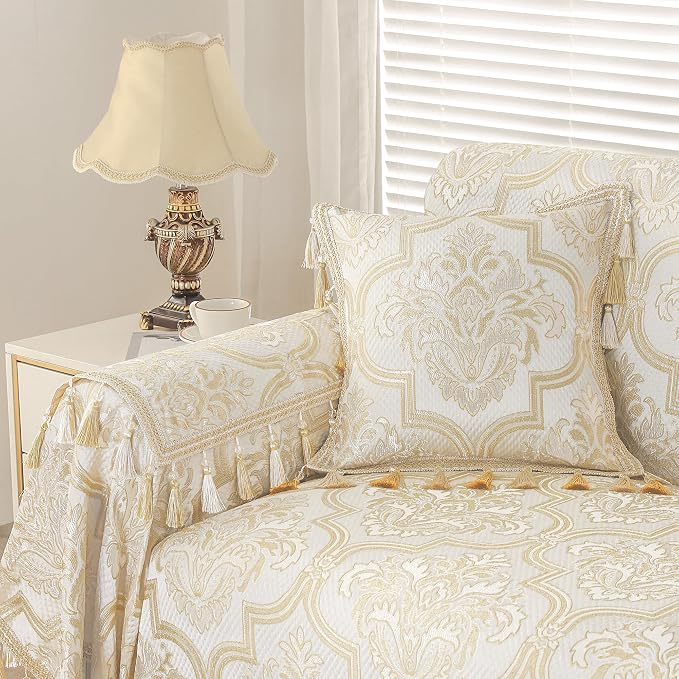 Loom and Mill European Elegant Sofa Couch Covers, Beige Gold, 71"x118" | Luxury Damask Floral Sofa Throw Cover with Tassels for 2-3 Cushion Couch, Sectional Couch Cover Sofa Slipcover for Dogs Pets - Image 5
