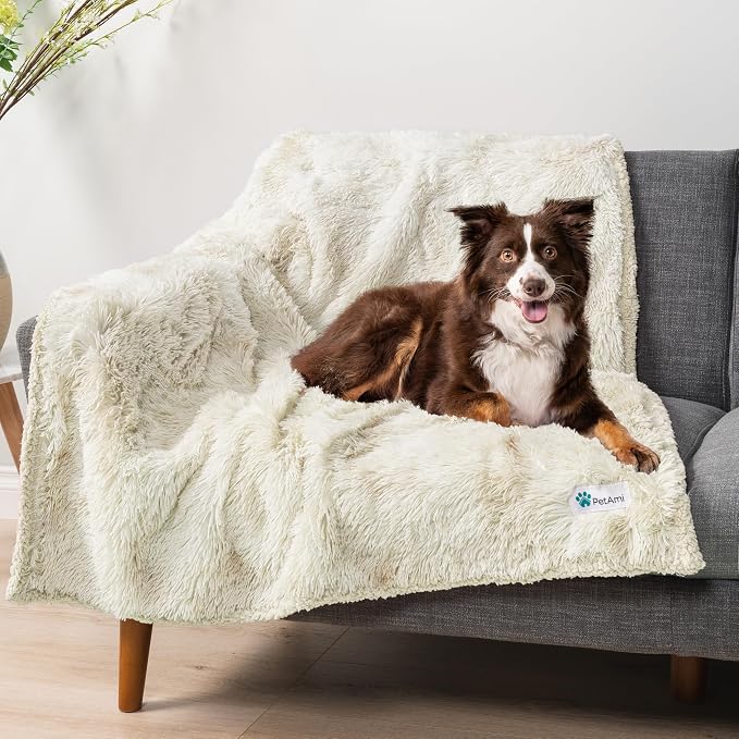 PetAmi Waterproof Dog Blanket for Couch, Queen Bed & Furniture,Reversible Sherpa & Faux Fur Pet Blanket, Leakproof Throw for Large Dog Cat, Washable Soft Calming Sofa Protector (90x90, Cream Beige) - Image 7