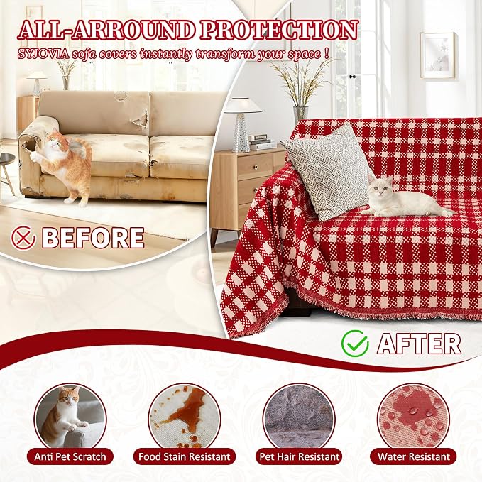 1OO% Waterproof Sectional Couch Covers for Dogs L Shaped Corner Sofa Cover Washable Chenille Sofa Slipcovers Blanket Modern Jacquard Pet Furniture Protector (91"x252", Red Checkered) - Image 5