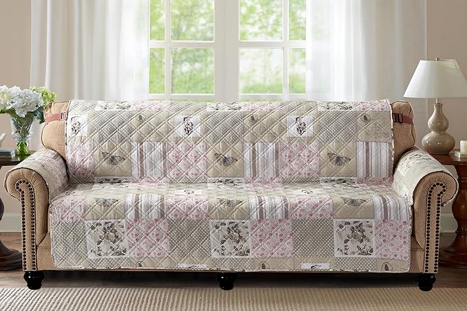 Brilliant Sunshine Grey Cupid & Pink Roses Couch Cover, 78" seat | Non Slip Sofa Cover, Patchwork Design, Quilted Furniture Protector, Extra Large Washable Slipcover for Pets, Dogs & Cats - Image 2