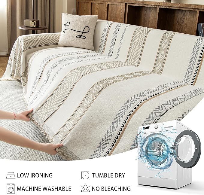MEETSKY Boho Couch Covers for Sofa, Chenille Geometric Couch Covers for 2 Cushion Couch Sofa for Dogs, Washable Sofa Cover for Pet, Couch Protector with Tassels,71" x 118", White - Image 5