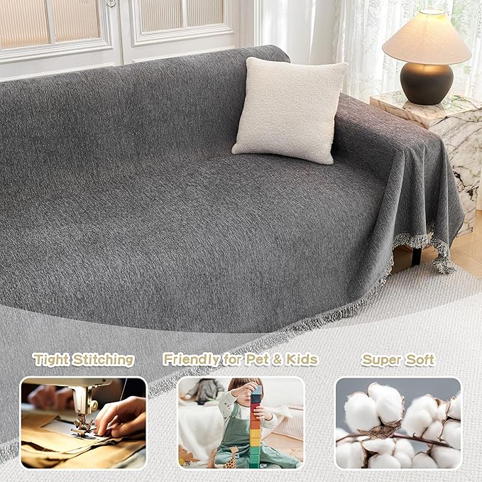 MYSKY HOME Couch Cover for Sofa Couch Covers for Pets, Non Slip Dogs Furniture Protector with Tassels for Living Room Non Slip Washable Furniture Protector Cover for Pet, Cat, 91"x118", Dark Grey - Image 2