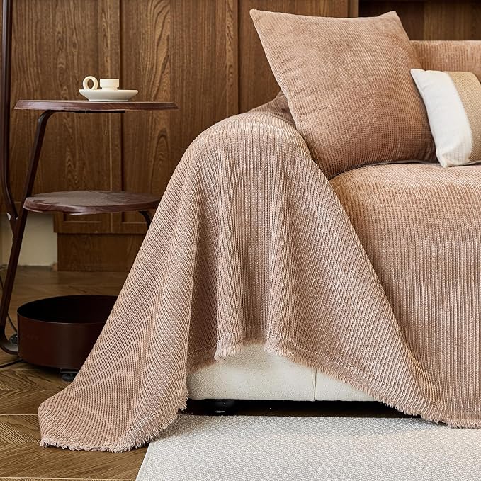 Brown Boho Couch Covers for Sofa Washable for 3 Cushion Couch,71''X134'' | Chenille Furniture Protector Sofa Couch Cover for Dogs, Soft Breathable Sofa Slipcover, Couch Throw Blankets with Tassels - Image 6