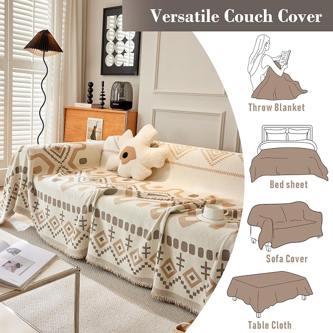 Homcosan Couch Sofa Cover Chenille Sectional Sofa Cover Non Slip Couch Cover for Dogs Washable Chenille Couch Cover Boho Sofa Slipcover for 3 Cushion Couch-Khaki - Image 6