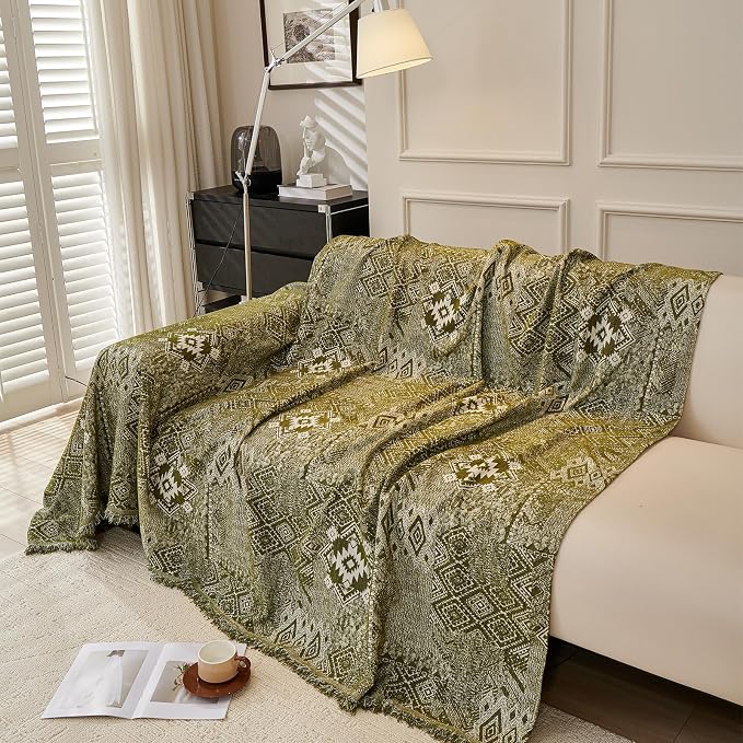 DREAMINGO Dark Green Couch Protector Boho Sofa Covers for 3 Cushion Couch Geometric Jacquard Soft Chenille Furniture Cover for Dogs Washable Vintage Sofa Slipcovers for Sectional, 71"x150" - Image 2