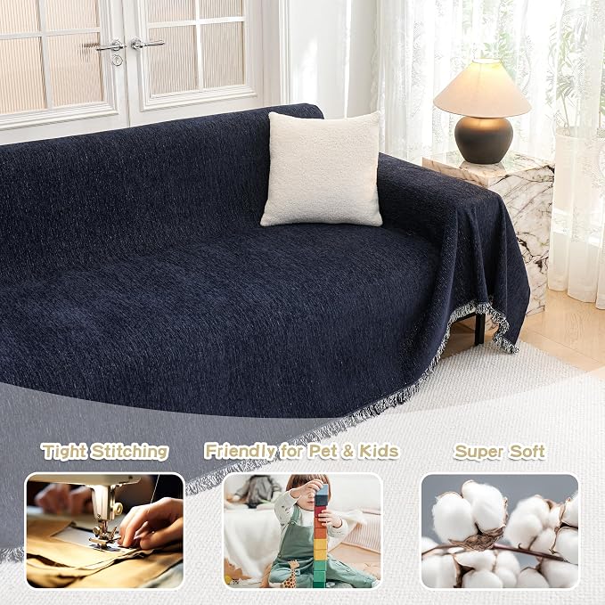 MYSKY HOME Couch Cover for Dogs Washable Couch Covers for 3 Cushion Couch Sofa Super Soft Sofa Slipcover Non Slip Sofa Cover, Chenille Sofa Covers for Dogs, Furniture Protector, 91"x134", Navy Blue - Image 2