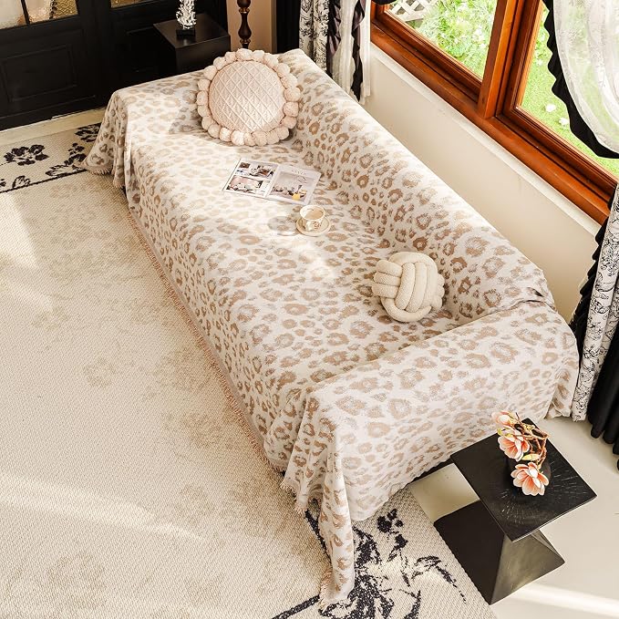 VClife Bohemian Sofa Cover for Dog, Aesthetic Leopard Couch Cover for 3 Cushion Couch Sofa, Skin-Friendly Breathable Furniture Protector, Cute Animal Theme Sofa Slipcover Futon Cover for Dog, Khaki - Image 6