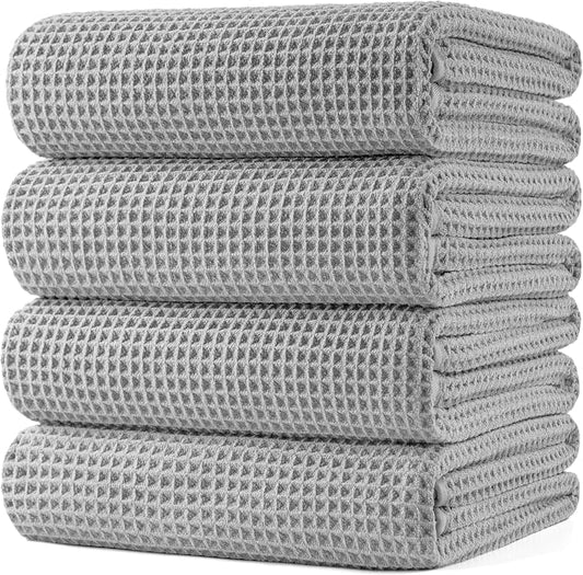 POLYTE 430 GSM Microfiber Oversize Quick Dry Lint Free Bath Towel, 60 x 30 in, 4 Pack (Waffle Weave) by Polyte