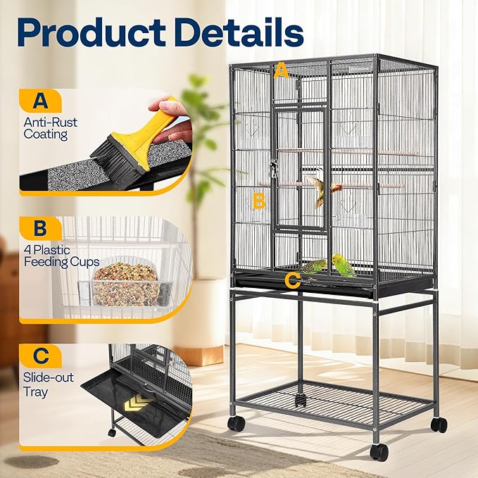 VIVOHOME 54 Inch Wrought Iron Large Bird Cage with Rolling Stand | Bird Flight Cage with Stand, Casters, Slide-out Tray for Parakeets Canaries Parrot Cockatiels Lovebirds Conures, Black - Image 3