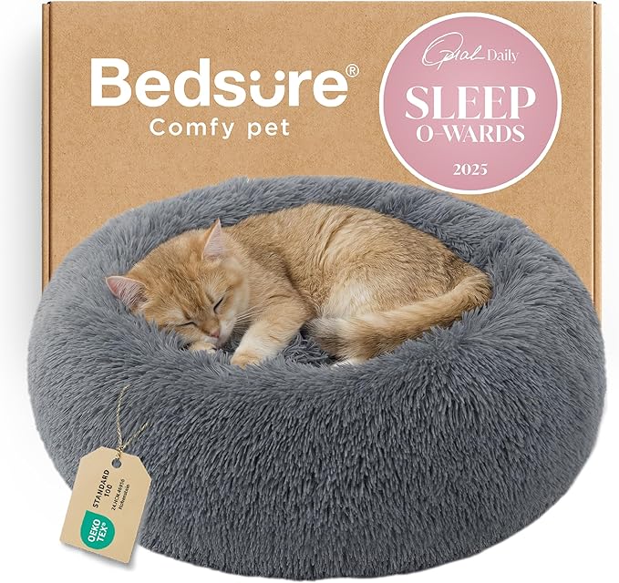 Bedsure Calming Cat Beds Donut Round Washable Kitten Bed,20 inches Darkgrey | Fluffy Faux Fur Cuddler,Machine Washable,Anti-Slip Bottom,Anti-Anxiety,Deep Sleeping for Cats&Small Pets Up to 15 Lbs by Unknown