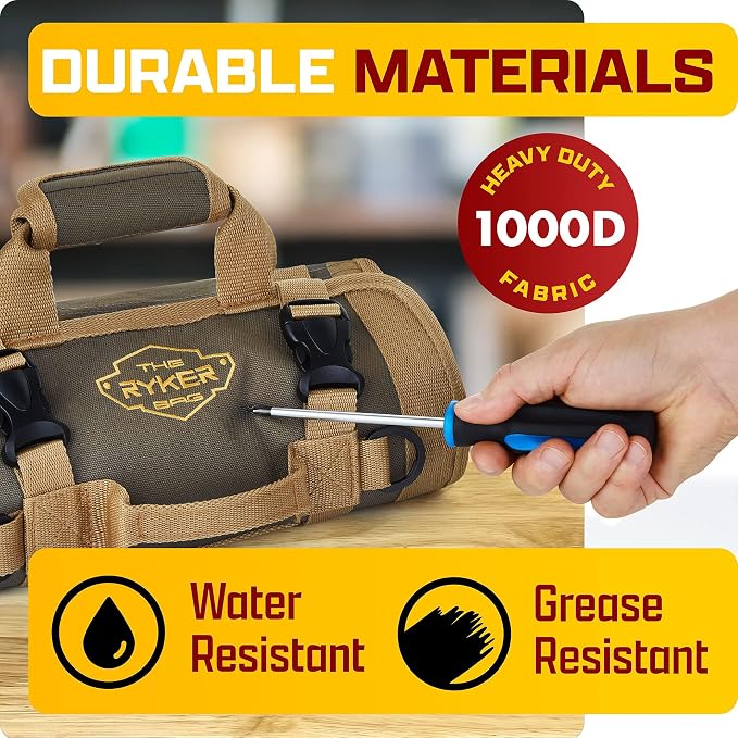 Ryker Heavy Duty Roll Up Tool Bag Organizer w/Detachable Pouches, Khaki | Tool Roll Up Bag Tool Box Organization. Portable Truck & Motorcycle accessories. Rollup Tools Bags for Mechanic & Electrician - Image 5